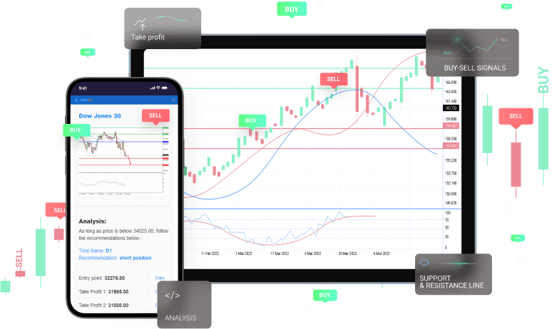 phone with tablet with trading signals and layout with icon